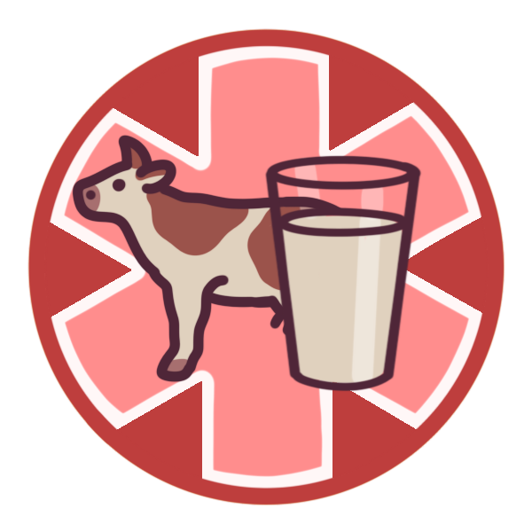 a red circle with a large medical alert asterisk inside it, and a cow next to a glass of milk pictured in the center.